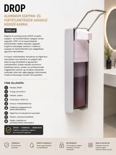 DROP hliníkový dávkovač mydla a dezinfekcie s dlhou pákou – 1000 ml