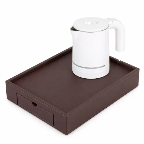 Bentley Stromboli podnos (klasická hnedá) + Halo rýchlovarná kanvica, 0,6 l (biela) – súprava