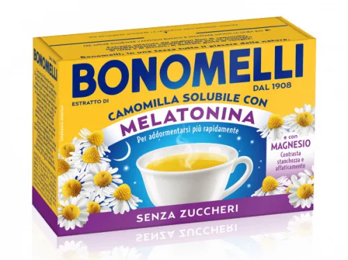 Bonomelli instantný harmančekový nápoj s vanilkovou príchuťou, melatonínom a horčíkom – výživový doplnok, 4.5 g – cena za 1 vrecúško