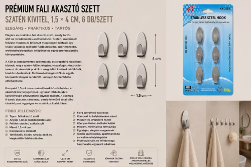 Prémiová sada nástenných háčikov – nerez 430, saténové prevedenie, 1,5 × 4 cm, 6 ks/sada