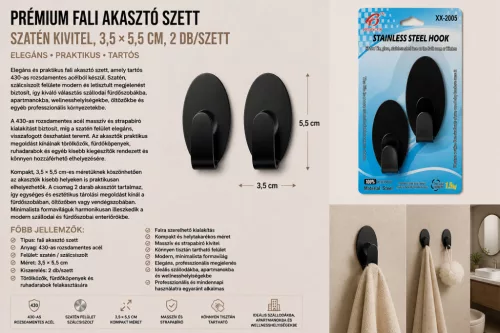 Prémiová sada nástenných háčikov – nerez 430, saténové prevedenie, 3,5 × 5,5 cm, 2 ks/sada