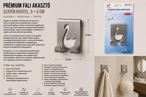 Prémiový nástenný háčik – nerez 430, saténové prevedenie, 5 × 5 cm