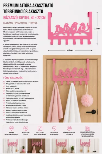 Prémiový nerezový multifunkčný vešiak na dvere – ružové prevedenie, 40 × 22 cm