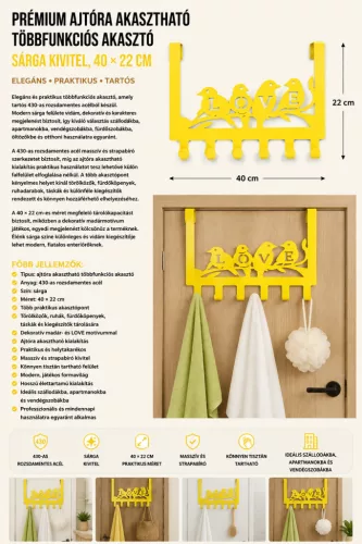 Prémiový nerezový multifunkčný vešiak na dvere – žlté prevedenie, 40 × 22 cm