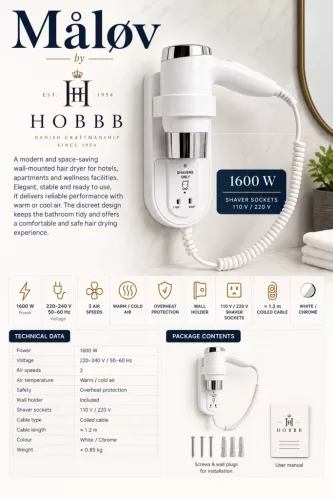HOBBB Måløv nástenný sušič vlasov, 1600 W