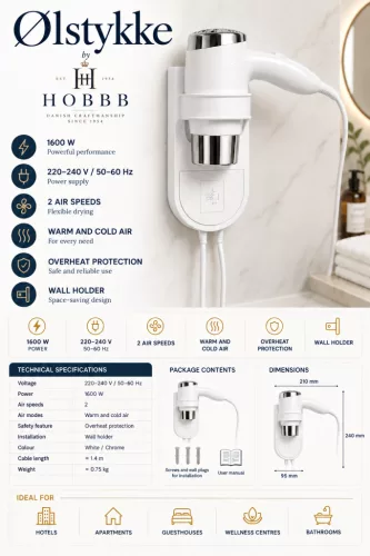 HOBBB Ølstykke nástenný sušič vlasov, 1600 W