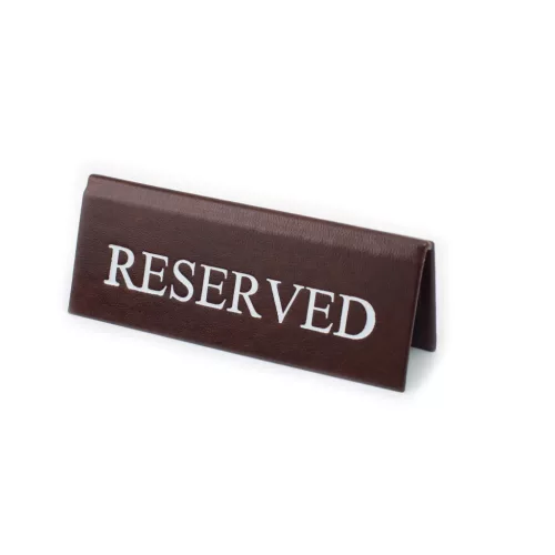 Stolová tabuľka RESERVED, tmavohnedá koženka, biela potlač, malá