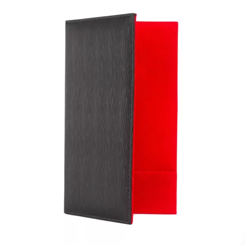 Fekete műanyag borítású számlatartó, piros plüss belsővel, csáró, 2 füllel