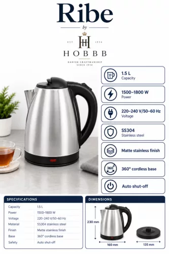 HOBBB Ribe rýchlovarná kanvica, 1,5 l