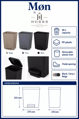 HOBBB Møn odpadkový kôš do izby pre hostí, 14 l