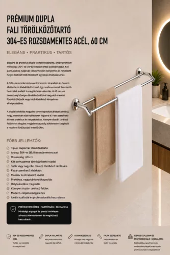 Prémiový dvojitý nástenný držiak na uteráky – nerez 304, 60 cm