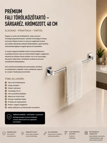 Prémiový nástenný držiak na uteráky – mosadz, chrómovaný, 40 cm