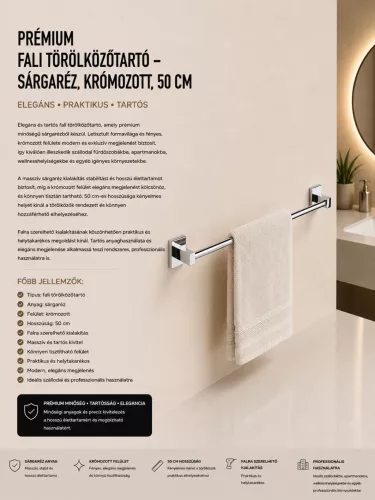 Prémiový nástenný držiak na uteráky – mosadz, chrómovaný, 50 cm