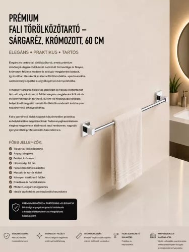 Prémiový nástenný držiak na uteráky – mosadz, chrómovaný, 60 cm