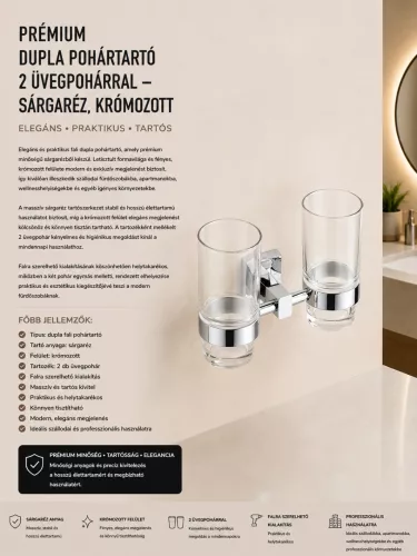 Prémiový dvojitý držiak na poháre s 2 sklenenými pohármi – mosadz, chrómovaný