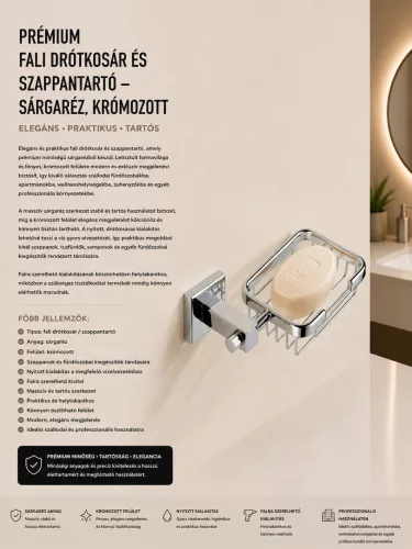 Prémiový nástenný drôtený košík a miska na mydlo – mosadz, chrómovaný