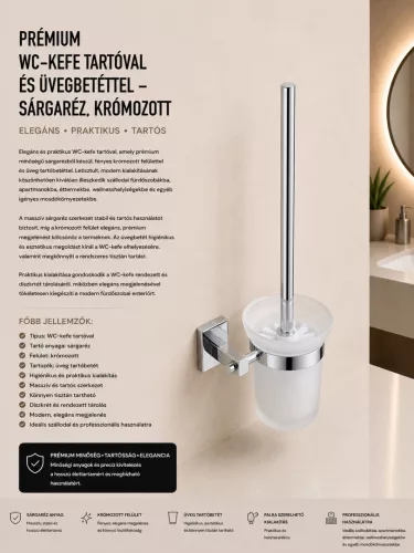 Prémiová WC kefa s držiakom a sklenenou vložkou – mosadz, chrómovaná
