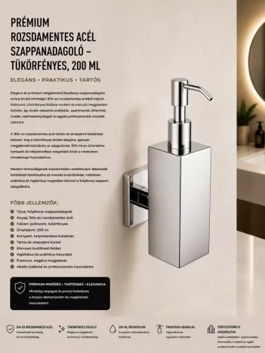 Prémiový nerezový dávkovač mydla – zrkadlový lesk, 200 ml