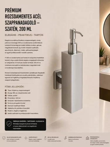 Prémiový nerezový dávkovač mydla – satén, 200 ml