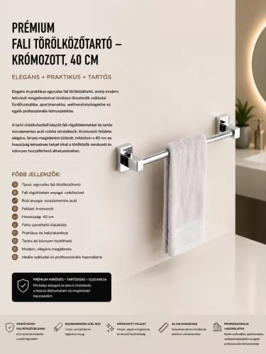 Prémiový nástenný držiak na uteráky – chrómovaný, 40 cm