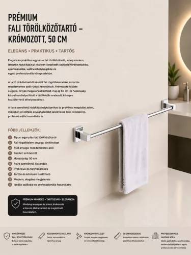 Prémiový nástenný držiak na uteráky – chrómovaný, 50 cm