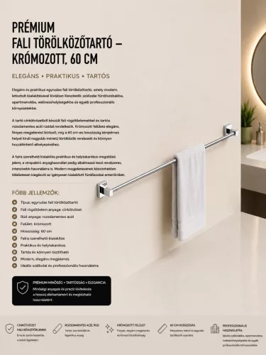 Prémiový nástenný držiak na uteráky – chrómovaný, 60 cm