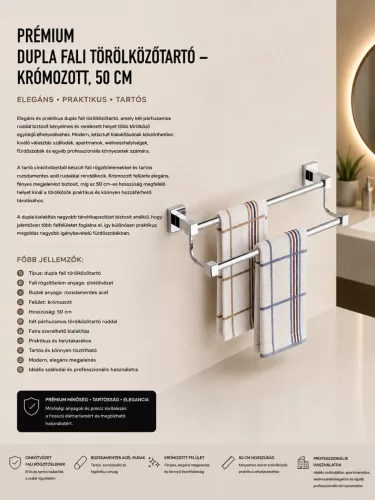 Prémiový dvojitý nástenný držiak na uteráky – chrómovaný, 50 cm