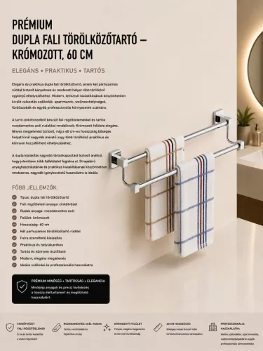 Prémiový dvojitý nástenný držiak na uteráky – chrómovaný, 60 cm