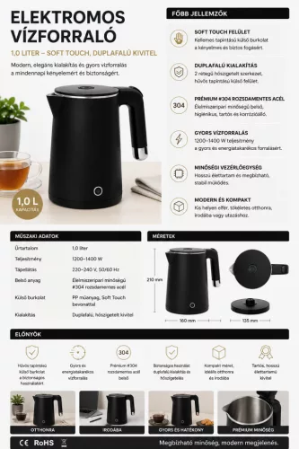 HOBBB Herning rýchlovarná kanvica, 1,0 l