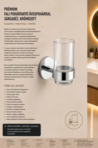 Prémiový nástenný držiak so skleneným pohárom – mosadz, chrómovaný