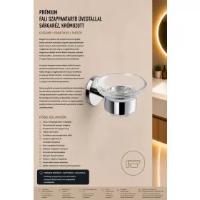   Prémiová nástenná miska na mydlo so sklenenou miskou – mosadz, chrómovaná