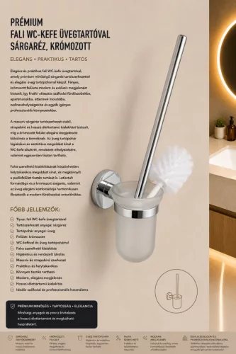 Prémiová nástenná WC kefa so skleneným držiakom – mosadz, chrómovaná