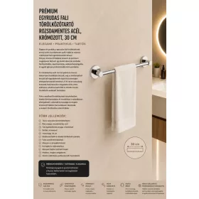   Prémiový jednotyčový nástenný držiak na uteráky – nerez, chrómovaný, 30 cm
