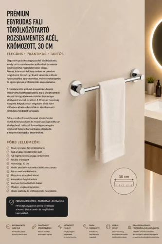 Prémiový jednotyčový nástenný držiak na uteráky – nerez, chrómovaný, 30 cm