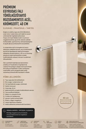 Prémiový jednotyčový nástenný držiak na uteráky – nerez, chrómovaný, 40 cm