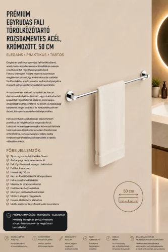 Prémiový jednotyčový nástenný držiak na uteráky – nerez, chrómovaný, 50 cm