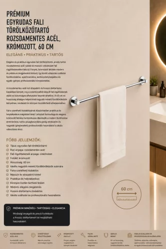 Prémiový jednotyčový nástenný držiak na uteráky – nerez, chrómovaný, 60 cm
