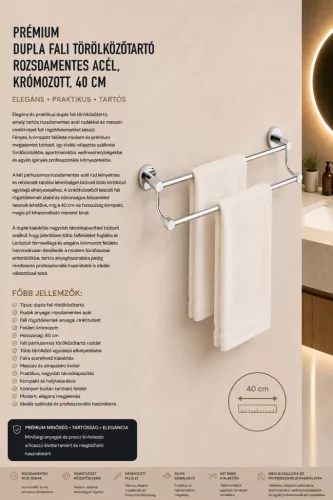Prémiový dvojitý nástenný držiak na uteráky – nerez, chrómovaný, 40 cm