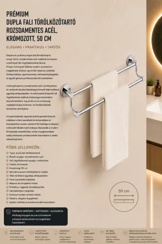 Prémiový dvojitý nástenný držiak na uteráky – nerez, chrómovaný, 50 cm