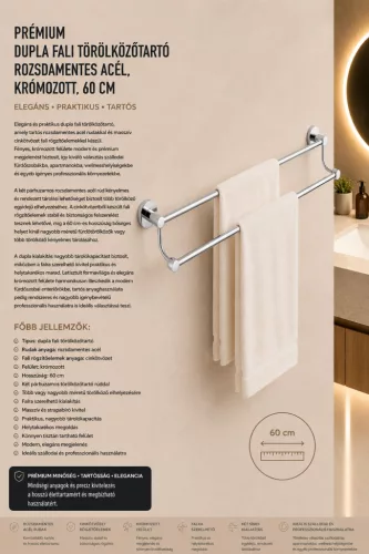 Prémiový dvojitý nástenný držiak na uteráky – nerez, chrómovaný, 60 cm