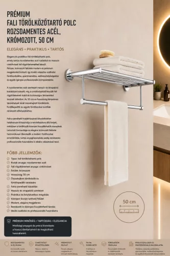 Prémiová nástenná polica na uteráky – nerez, chrómovaná, 50 cm