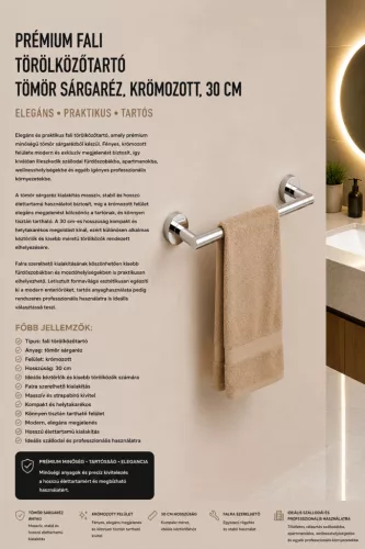 Prémiový nástenný držiak na uteráky – masívna mosadz, chrómovaný, 30 cm