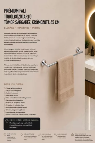 Prémiový nástenný držiak na uteráky – masívna mosadz, chrómovaný, 45 cm