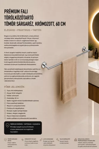 Prémiový nástenný držiak na uteráky – masívna mosadz, chrómovaný, 60 cm