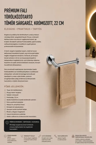 Prémiový nástenný držiak na uteráky – masívna mosadz, chrómovaný, 22 cm