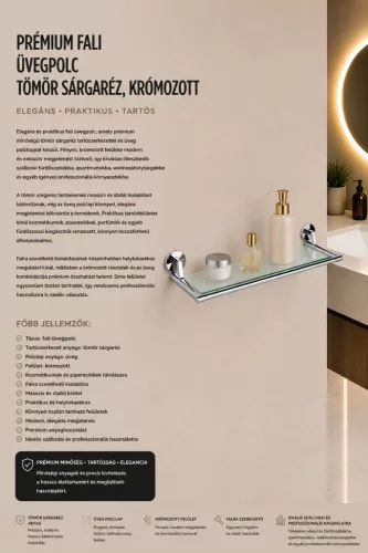 Prémiová nástenná sklenená polica – masívna mosadz, chrómovaná