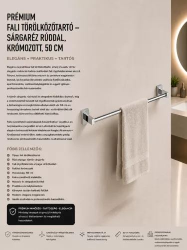 Prémiový nástenný držiak na uteráky – mosadzná tyč, chrómovaný, 50 cm