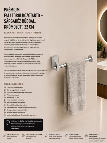 Prémiový nástenný držiak na uteráky – mosadzná tyč, chrómovaný, 22 cm