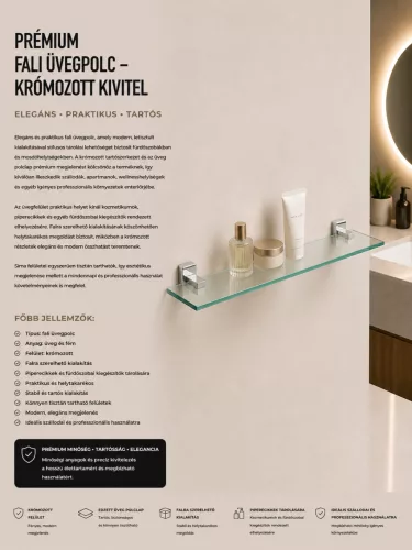 Prémiová nástenná sklenená polica – chrómované prevedenie