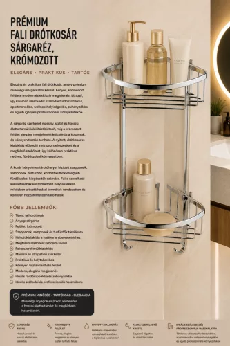 Prémiový nástenný drôtený košík – mosadz, chrómovaný (K21-052-2)